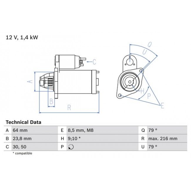 Μίζα (12V, 1,4kW) OPEL ASTRA H, ASTRA H GTC, ASTRA J, COMBO TOUR, COMBO/MINIVAN, CORSA C, CORSA D, MERIVA A, MERIVA B 1.3D 06.03-10.15 ||0 986 022 730||