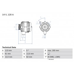 Δυναμό  ALFA ROMEO 159; FIAT BRAVO II, CROMA, GRANDE PUNTO, STILO; OPEL ASTRA H, ASTRA H GTC, ASTRA H/KOMBI, SIGNUM, VECTRA C, VECTRA C GTS, ZAFIRA B, ZAFIRA B/MINIVAN 1.9D 09.03-