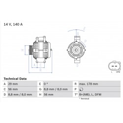 Δυναμό AUDI A3, A4 B6, A4 B7, A6 C5, TT; SEAT ALHAMBRA, ALTEA, ALTEA XL, EXEO, EXEO ST, LEON, TOLEDO III; SKODA OCTAVIA II, SUPERB II, YETI; VW BEETLE 1.6/1.8/2.0 11.00-07.19